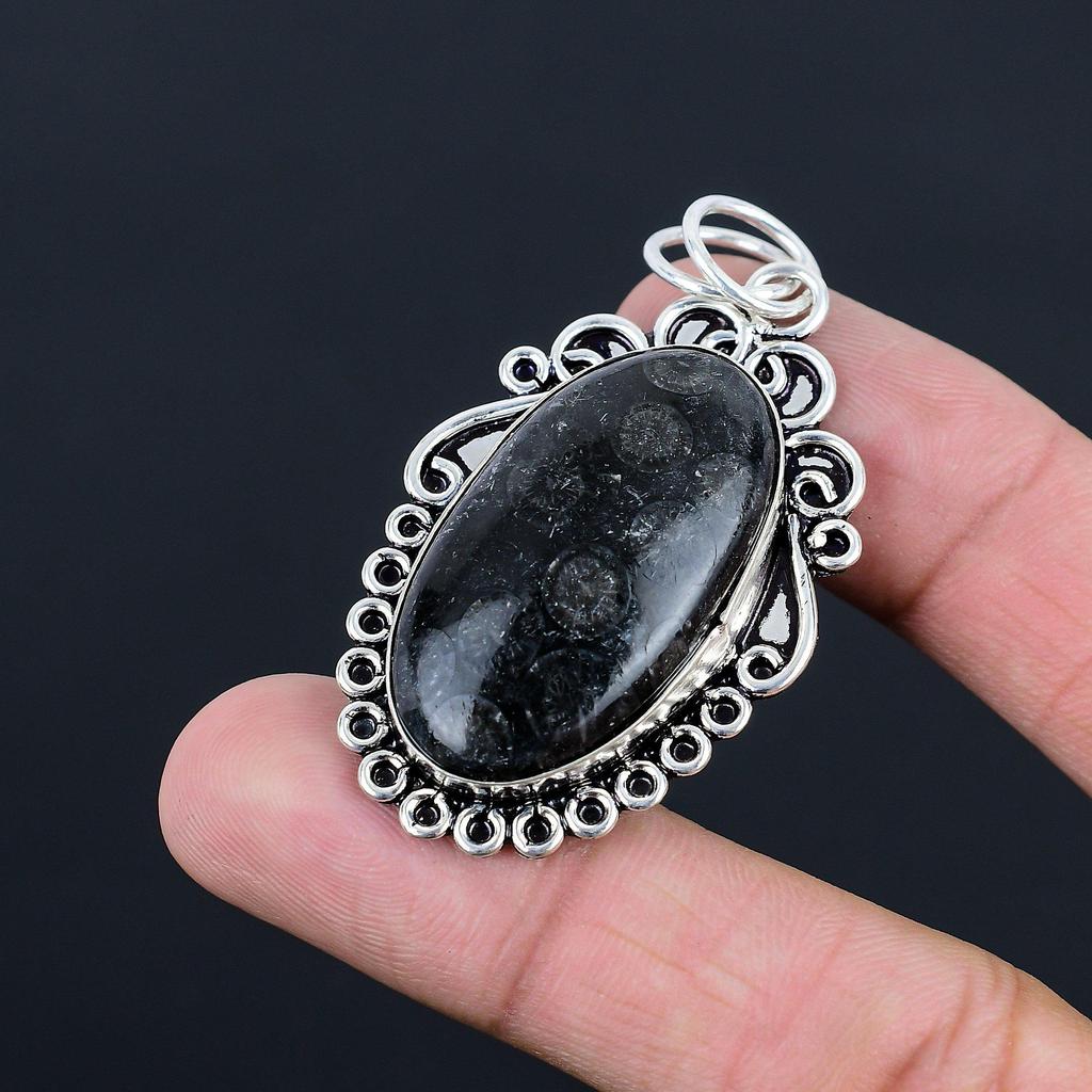 Gift For Women Pendant 925 Sterling Silver Natural Black Fossil Coral Gemstone