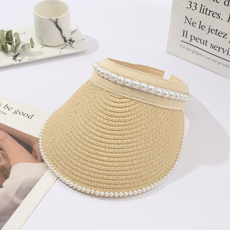 

Straw Woven Pearl Empty Top Hat Summer Korean Style Outdoor Sun Hat Cycling Lafite Grass Hat UV Protection Visor