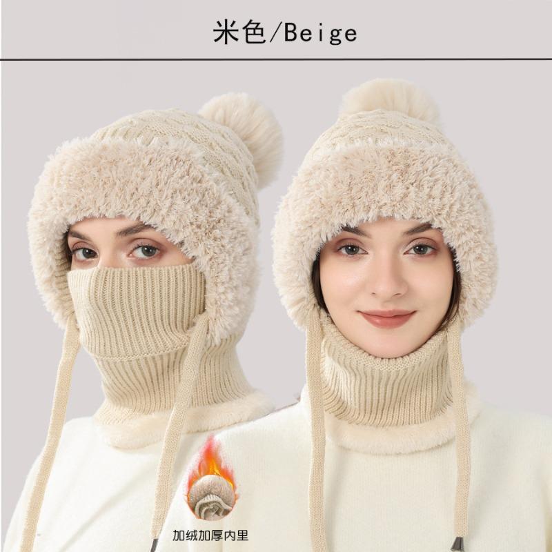 Knitted hat women's winter one-piece scarf wool hat outdoor cycling windproof plush thickened one-piece hat