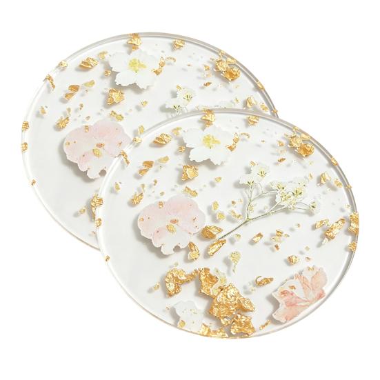 2Pcs Acrylic Drink Coaster Flowers Printed Heat-Resistant Coaster Waterproof Clear Non-Slip