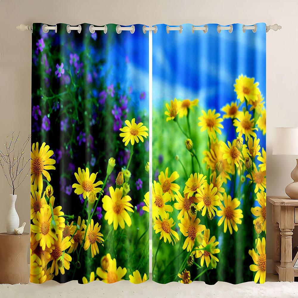 Planet Fenstergardinen Frühlingsgänseblümchen 3D-Druck Verdunkelungsvorhänge Buntes Blumenmuster Naturkunst für Heimdekoration