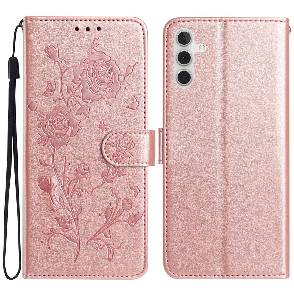 

For Samsung Galaxy A54 5G Wallet Case Rose Pattern Imprinted Leather Flip Stand Phone Cover Rose Gold