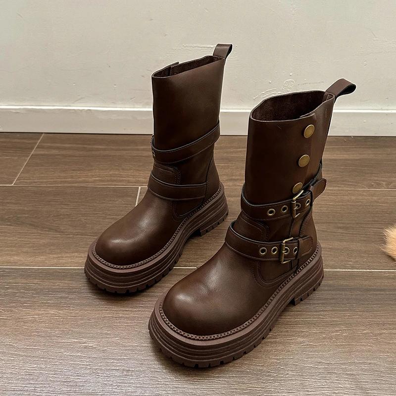 Autumn Winter Belt Buckle Women Knight Boots Fashion Slip On Shoes Vintage Platform Square Heels Ladies Mid Calf Booties