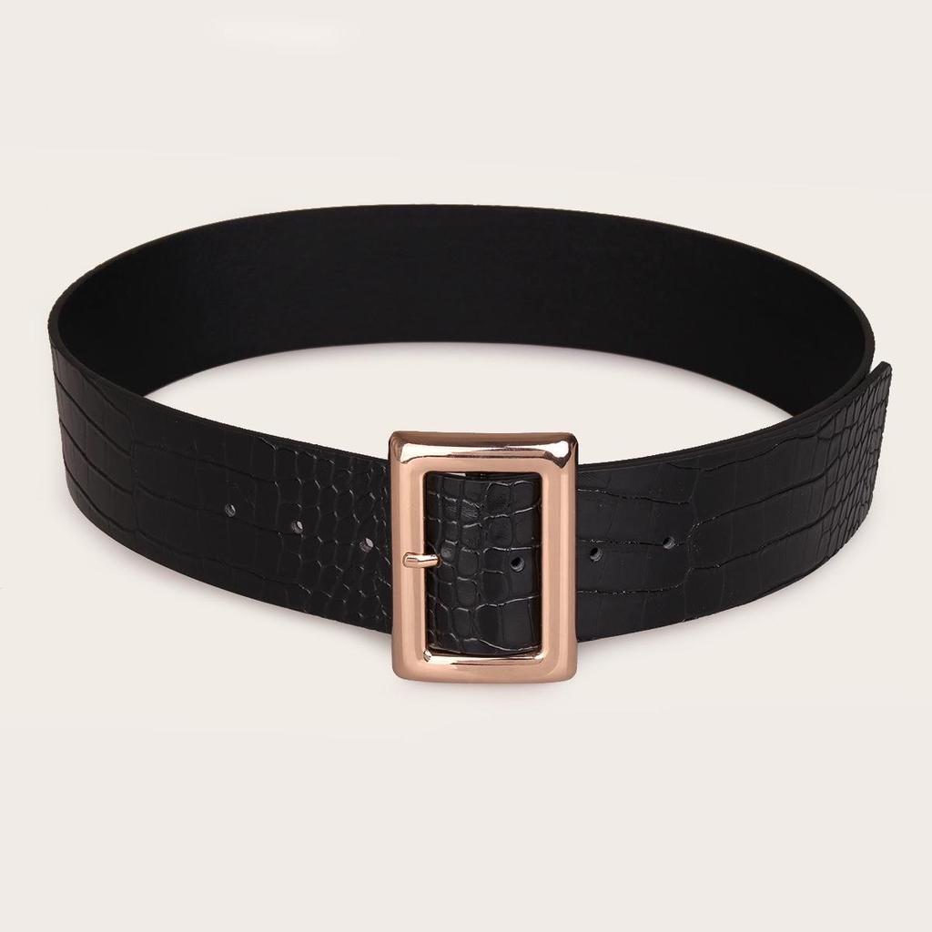 "Fashionable Black Crocodile Pattern Women's Belt with Large Square Buckle"