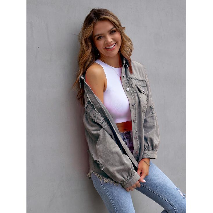 Podzim Zima Dámská Nová Džínová Bunda Módní Broušený Okraj Děravá Dutá Dlouhý Rukáv Jednořadé Zapínání Ležérní Límec Top