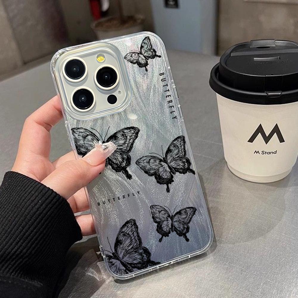 Feather yarn gradual change sketch black butterfly iPhone17 anti-drop mobile phone case Apple 16promax premium sense protective case