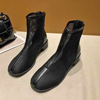 Mode Herbst Neu Dicke Ferse Coole Stiefel Damenmode Eckiger Kopf Spleißung Mesh Reißverschluss hinten Weiche Sohle Kurze Stiefel
