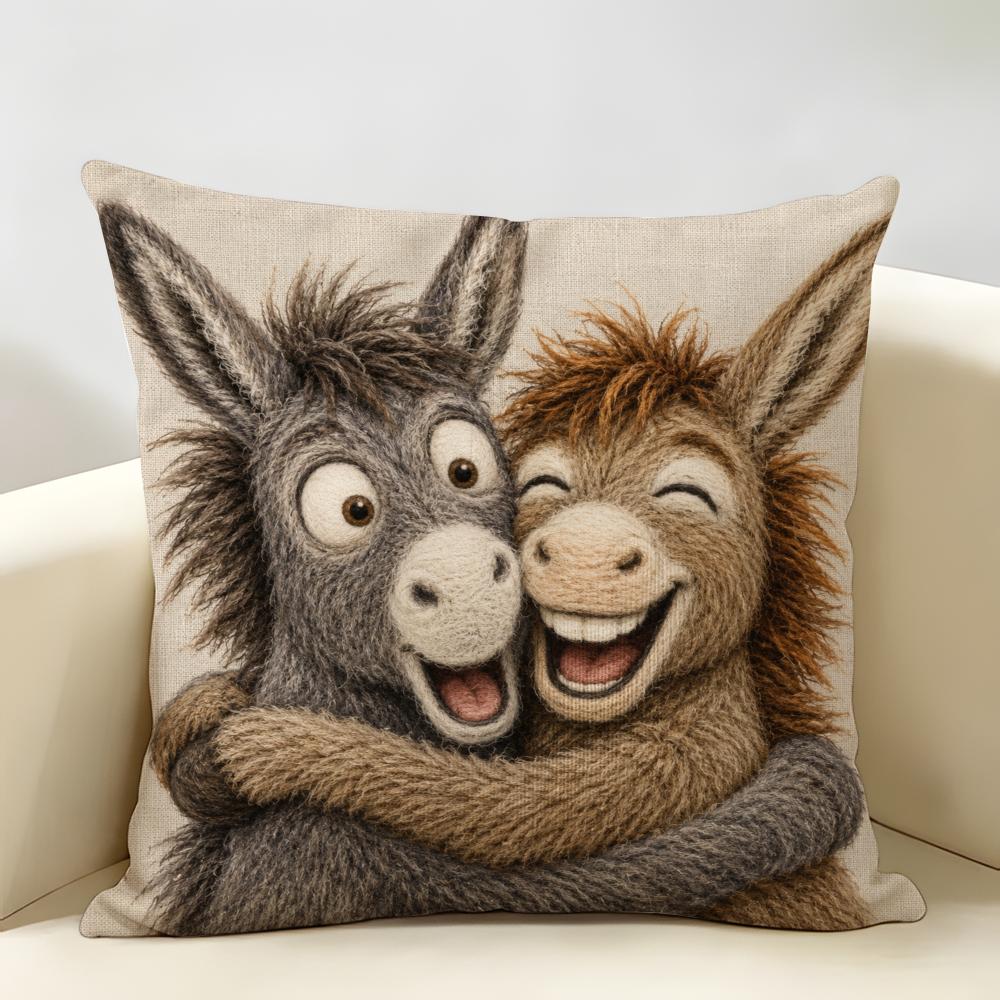Funny Donkey Couple Cushion Cover Natural Linen Organic Fabric Double-Sided Printing Breathable For Home Decor