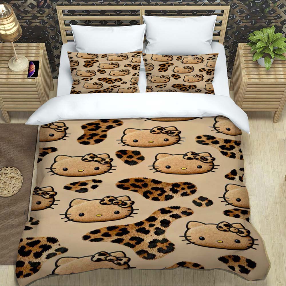 3D Printed Cartoon Leopard Print Hello Kitty Duvet Cover and Pillowcase Set - Home Decor, Creative Plus Size Bedding Set, 01