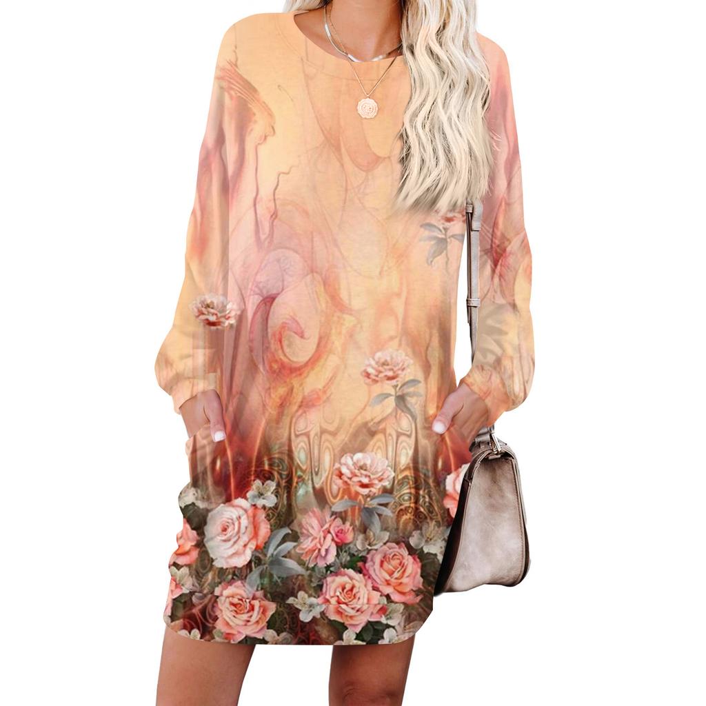 Damen Retro Bedrucktes Modisches Langarm Rundhals Taschenkleid