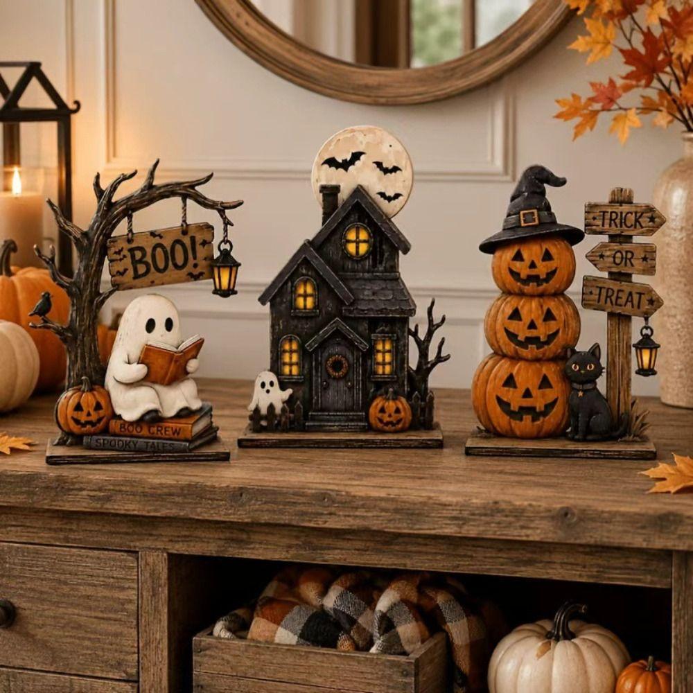 3Pcs/Set Vintage Style Halloween Wooden Decoration Wooden Ghost Black Cat Pumpkin Theme Vintage Wooden Block Shelf Decoration
