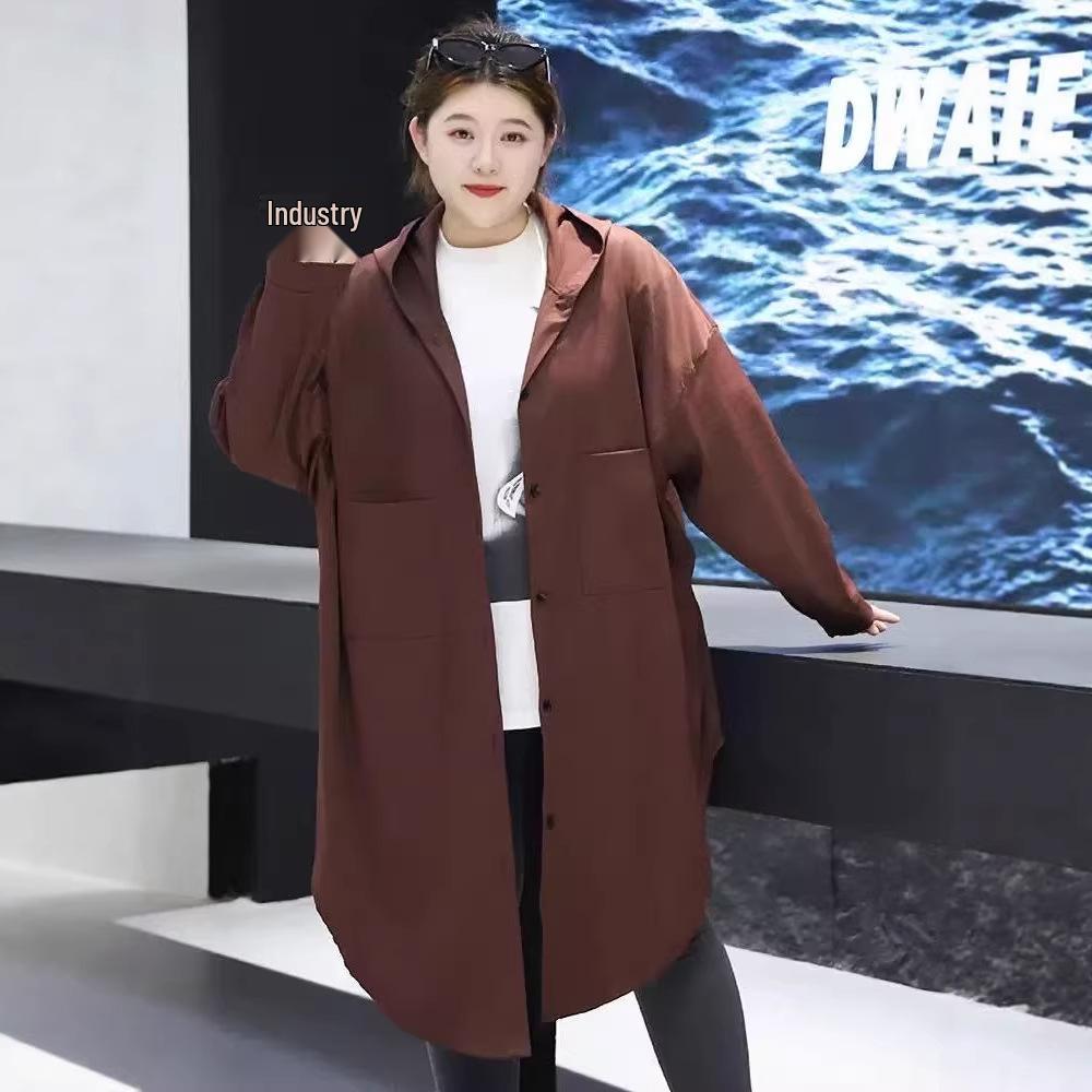Plus Size Women's Hooded Long Sleeve Midi Trench Coat 300 Jin Fat MM Slimming Jacket