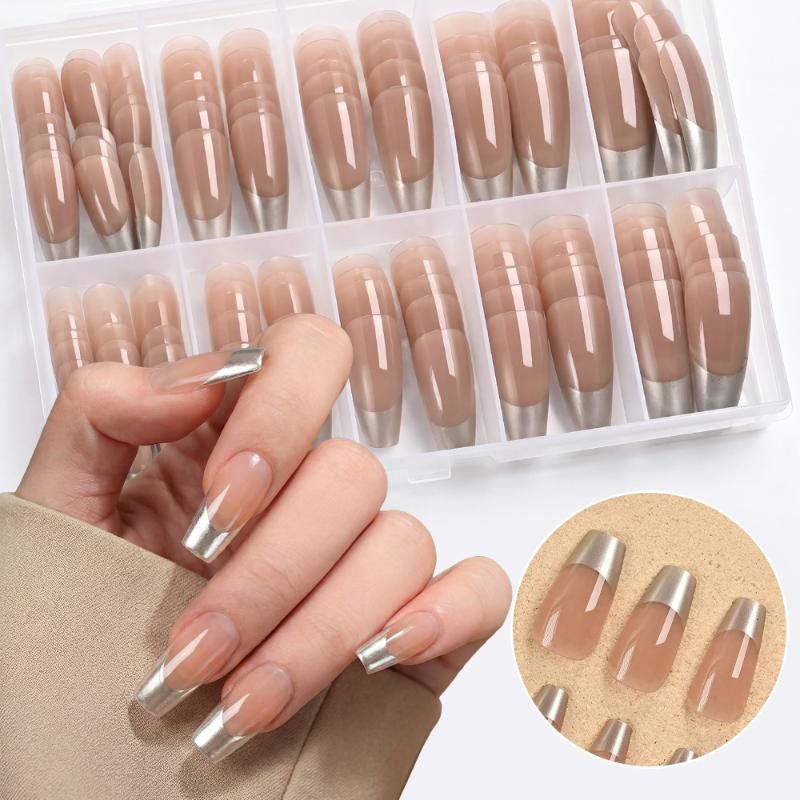 120Pcs/Box Nude Gold French Press On Nails 12Sizes Extra Trapezoid Full Cover Soft Gel False Nail Tips For Nail Extension