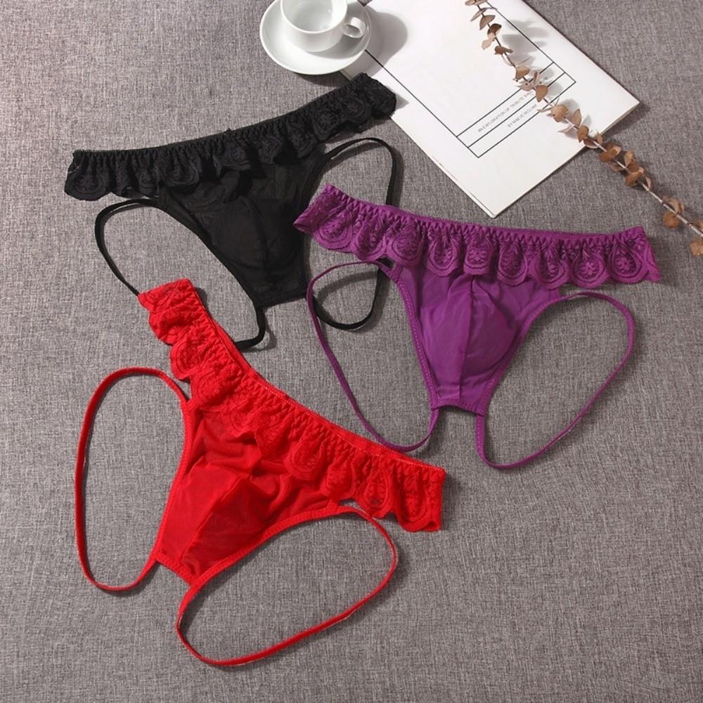Underpants Men's Sheer Lace Panties Ruffle Belt Male Open Crotch Briefs Newlywed