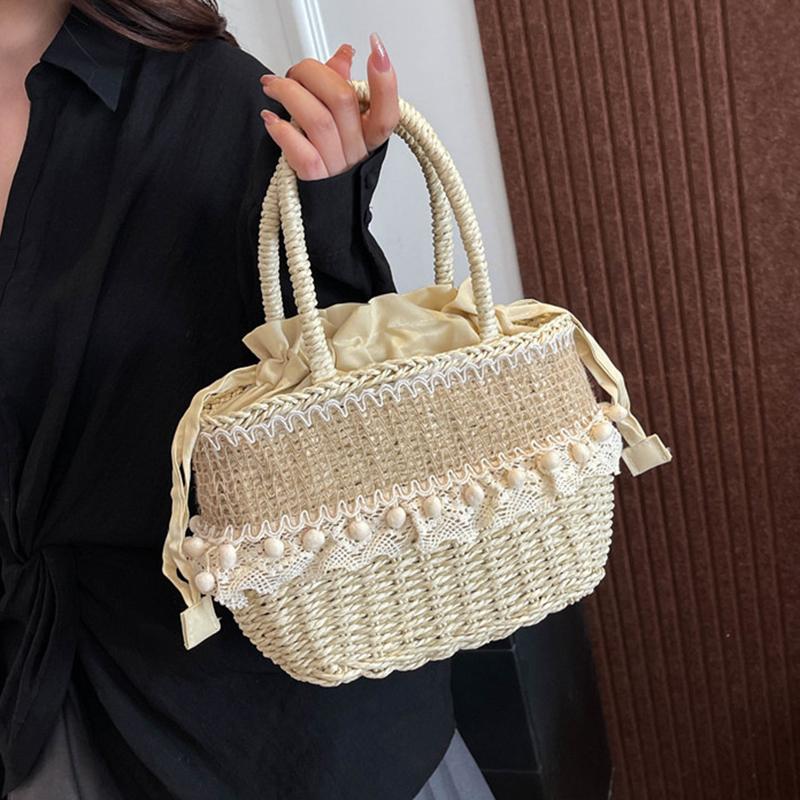 Yogodlns Women Straw Woven Bag Straw Tote Bag Large Capacity Weaving Shoulder Purse with Lace Woven Shopping HandBag Summer Beach Clutch