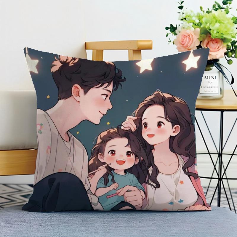 Happy Family Print Decorative Pillowcase Bedroom Living Room Square Cushion Pillowcase