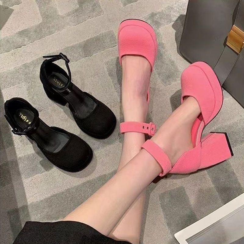 Small high heel thick heel Mary Jane shoes women's waterproof table hollow bag head sandals spring new pink