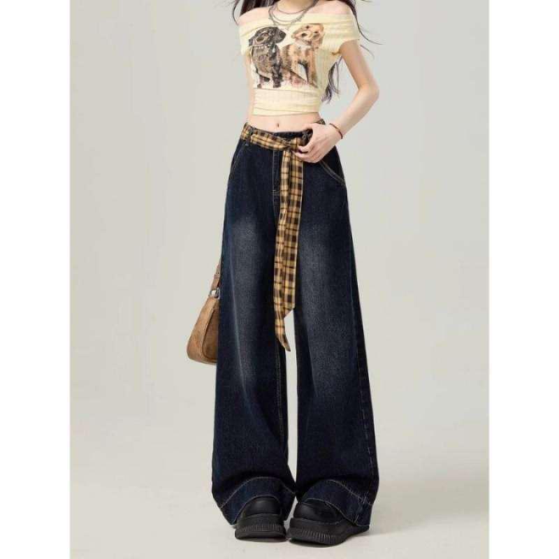 Women s Summer Retro Plaid Waistband Wide Leg Jeans Large
