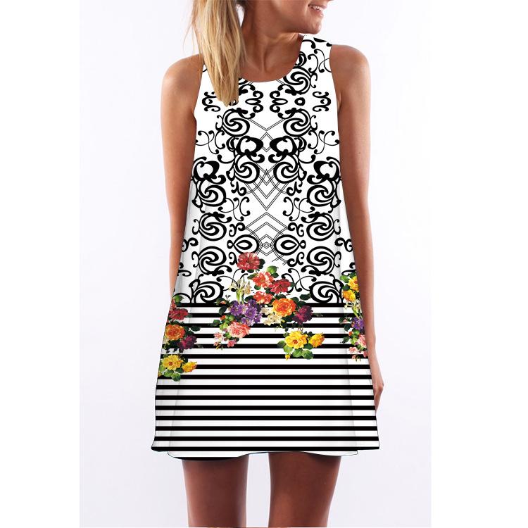 European Station European and American New Retro Digital Printing Round Neck Hot-selling Off-the-shoulder Medium and Long Vest Dress