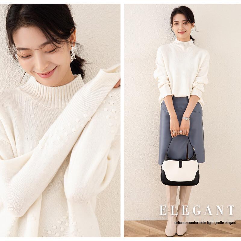 TUHUANG Women's Thickened Pure Wool Beaded Turtleneck Sweater