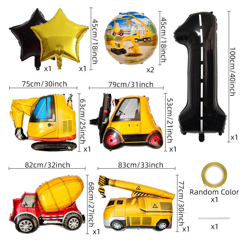40" Black Number Construction Vehicle Theme Aluminum Foil Balloon Set for Birthday Party Decorations