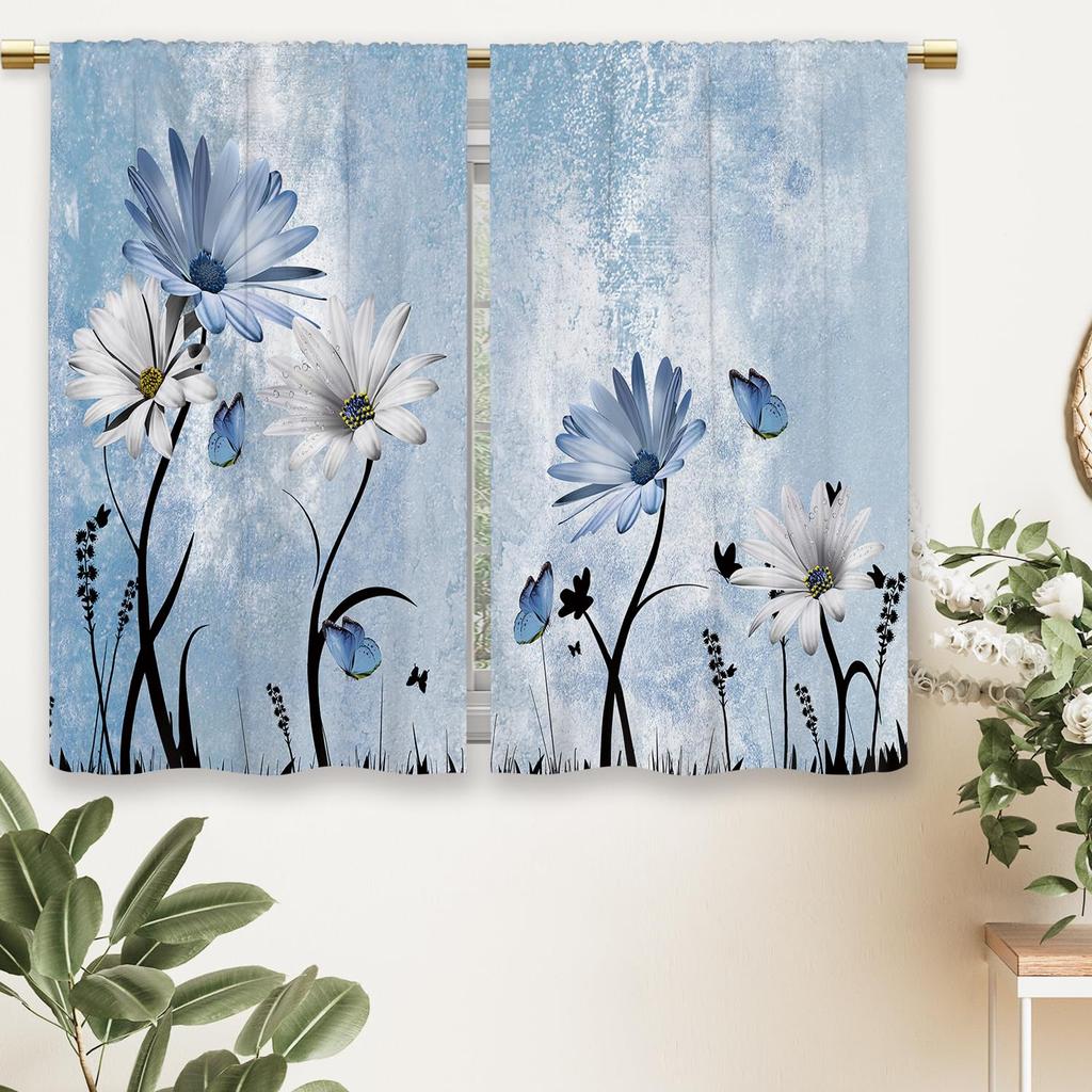 Rustic Retro Blues Daisy and Butterfly Print Half Curtain Short Rod-Style Window Treatment for Kitchen and Bathroom 27.5 x 39 inches