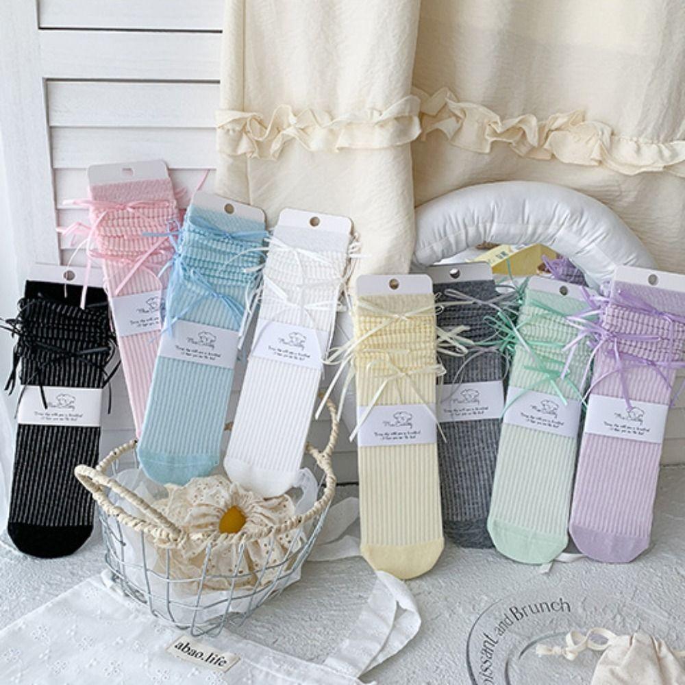 Ribbon Bow Balletcore Socks Solid Color Thin Stockings Comfortable Mid-Tube Hosiery  Women