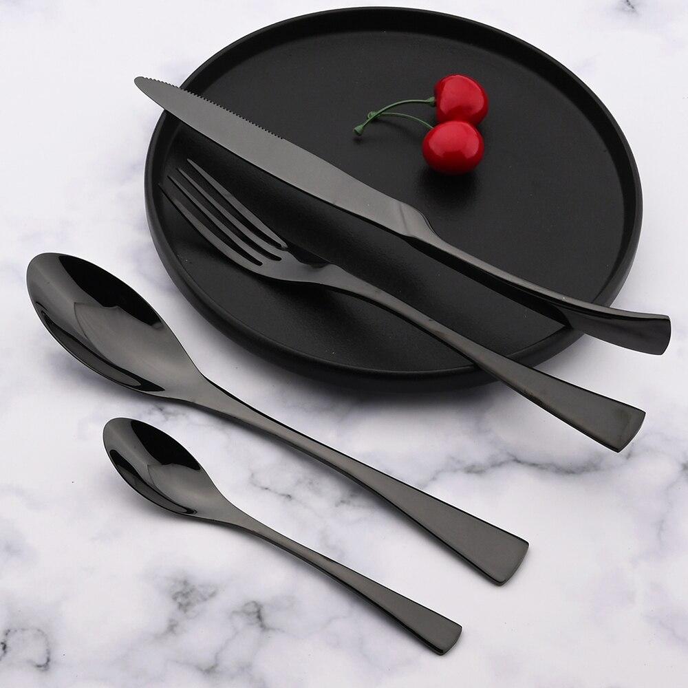 24 stk Svart 18/10 Rustfritt Stål Middagsbestikksett Servise Biffkniv Gaffel Skje Middagsbestikksett Kjøkkenbestikk Gave