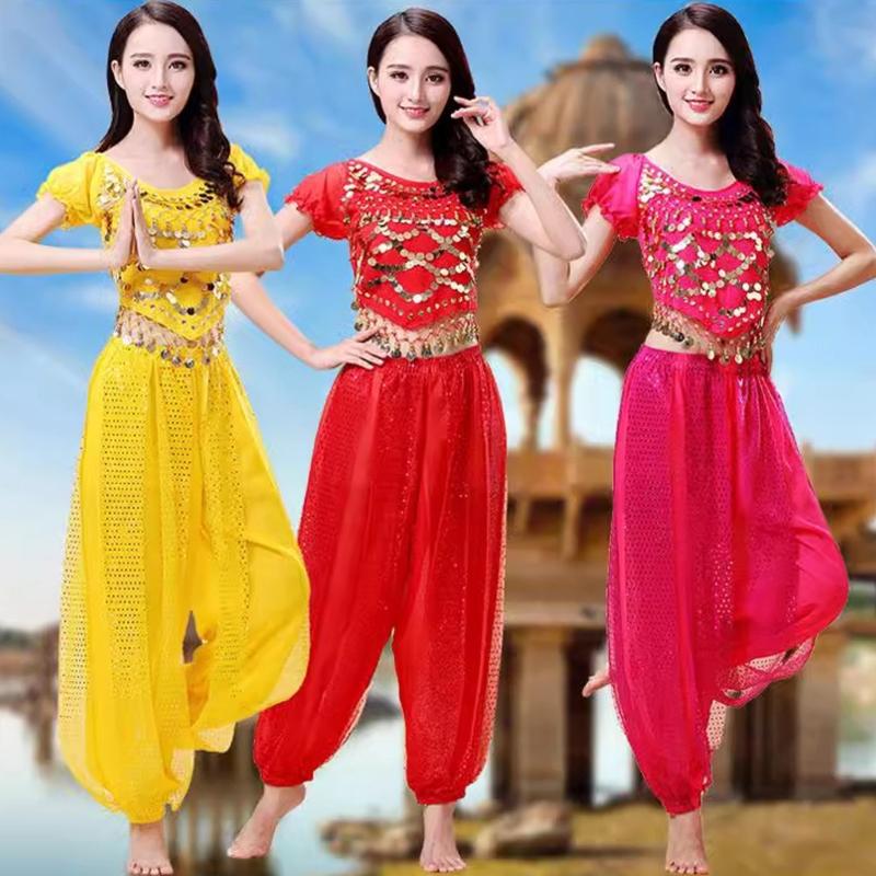 2Pieces Belly Dance Costume Set Coins Top Lantern Pants Set Halloween Costume Belly Dance Outfits for Dress Up Party
