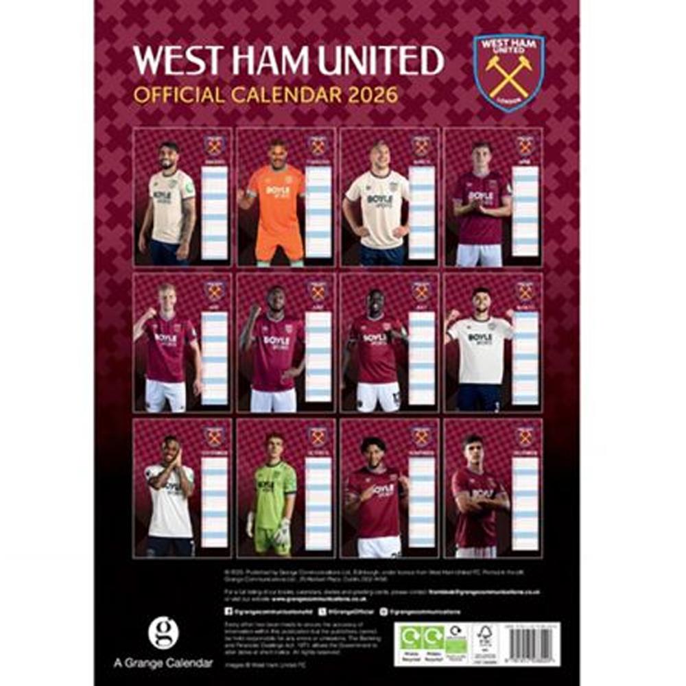 West Ham United FC 2026 A3 Wall Calendar