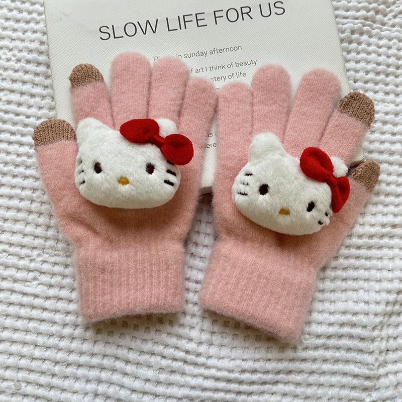 Korean Autumn and Winter Children's Gloves Sanrio Cartoon Warm and Cold Proof Thickened Baby Gloves Knitted Five Finger Gloves
