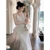 Sexy Fan White Knitted Long Dress Skinny Slim Fairy Suspender Skirt Summer Three-dimensional Flower Dress