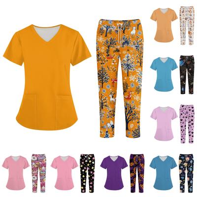 Plus SizePrinted Scrub Working Uniform Tops For Women's Cross V-Neck Halloween Print Short Sleeve Fun T-Shirts Workwear Tee With Pockets