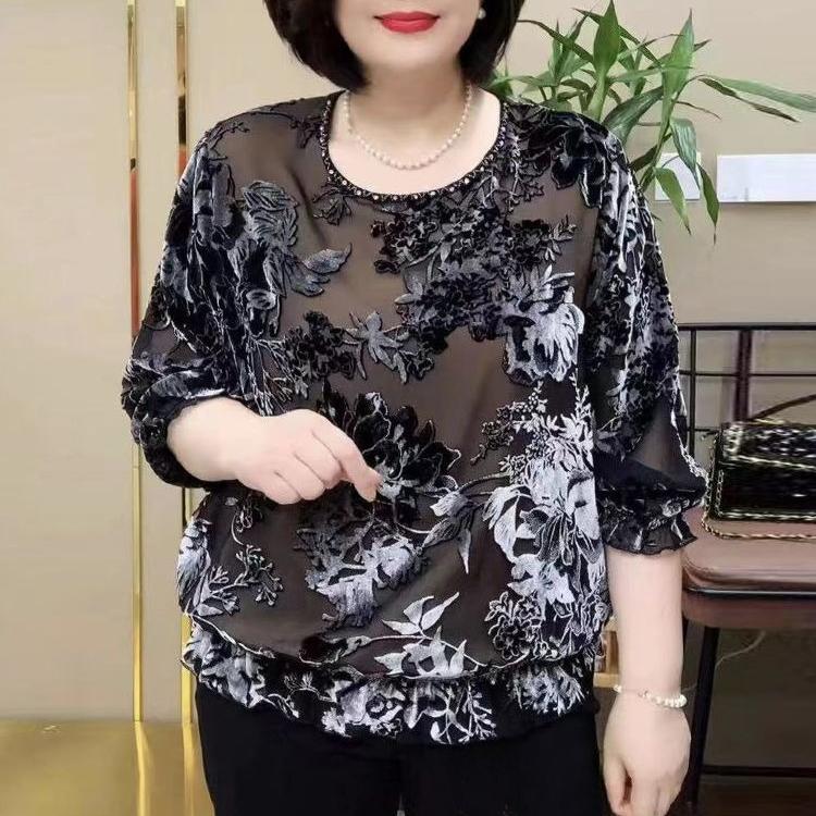

Високоякісна жіноча шовкова блуза Вельветова з бісерними прикрасами Принтована вельветова блуза Топ Весна та Осінь Вільний Великий розмір Квіткова блуза 7XL сірий