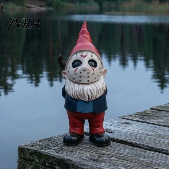 Cute Scary Masked Gnomes Halloween Voorhees Resin Figurine, Horror Hockey Mask Gnome Statue Durable Indoor Window Displays with Knife, Distressed