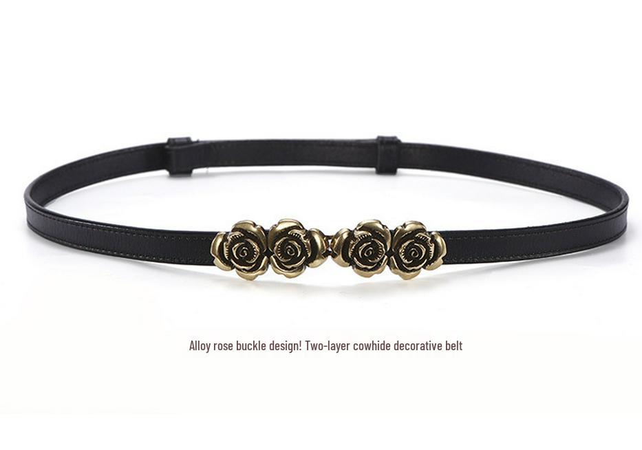 Women's Genuine Leather Flower Buckle Belt, Versatile High-End Waistband, Thin Cowhide Dress Accessory