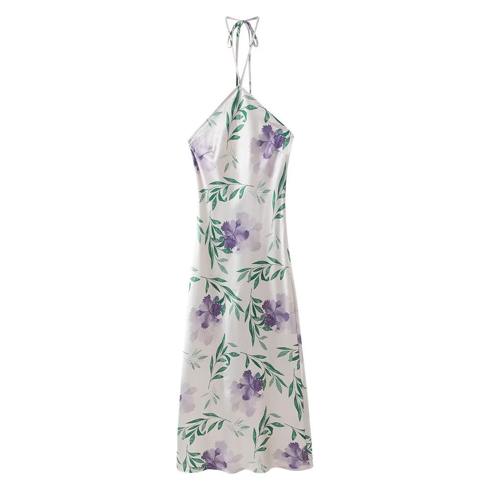 

2025 Spring Women s Satin Print Slim Halter Backless Dress S белый