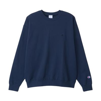 Long One Point Logo Relaxed Drop French Terry Crew Neck Navy Sweatshirt, Sleeve, Embroidery, Fit, Shoulder, Sweatshirt, C8-A023Z Men's,