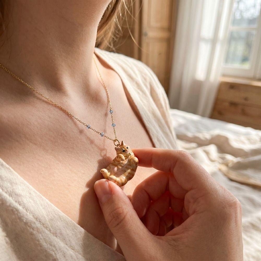 18K Gold Plated Cat Pendant Necklace Metal Chain Animal Pendant Choker  Sweater Shirt Accessories