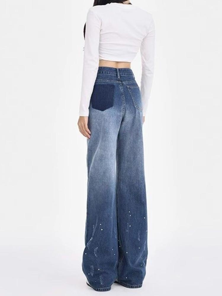 Gradient Fashion Design Wide Leg Jeans Women Autumn New High Waist Elegant Slim Long Pants Casual Drape Straight Mop Pants