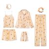 Sieben teiliges gestreiftes Pyjama-Set aus Kunstseide mit langärmeligem Cardigan und Camisole für Frühling und Herbst