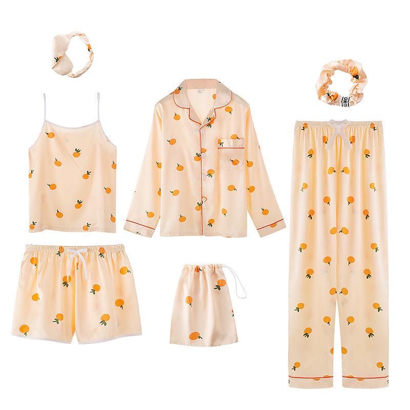 Sieben teiliges gestreiftes Pyjama-Set aus Kunstseide mit langärmeligem Cardigan und Camisole für Frühling und Herbst