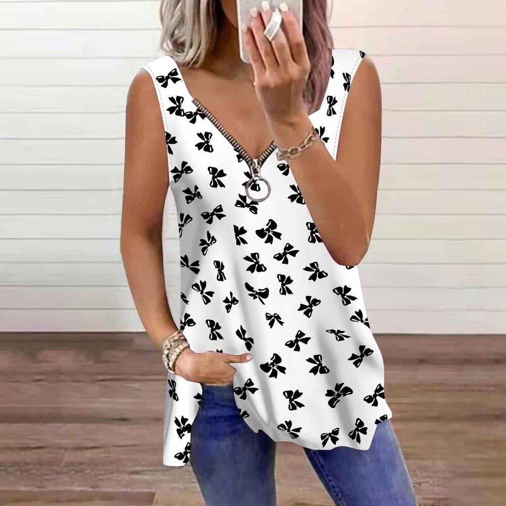 Women's Top Summer Lemon Printed Casual Plus Size Sleeveless Zipper V-neck Top Tank Top