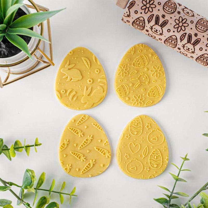 Easter Pattern Rolling Pin Rabbits Carrot Engraved Solid Wood Embossed Cookie Rolling Pin Pastry Dough Flour Roller