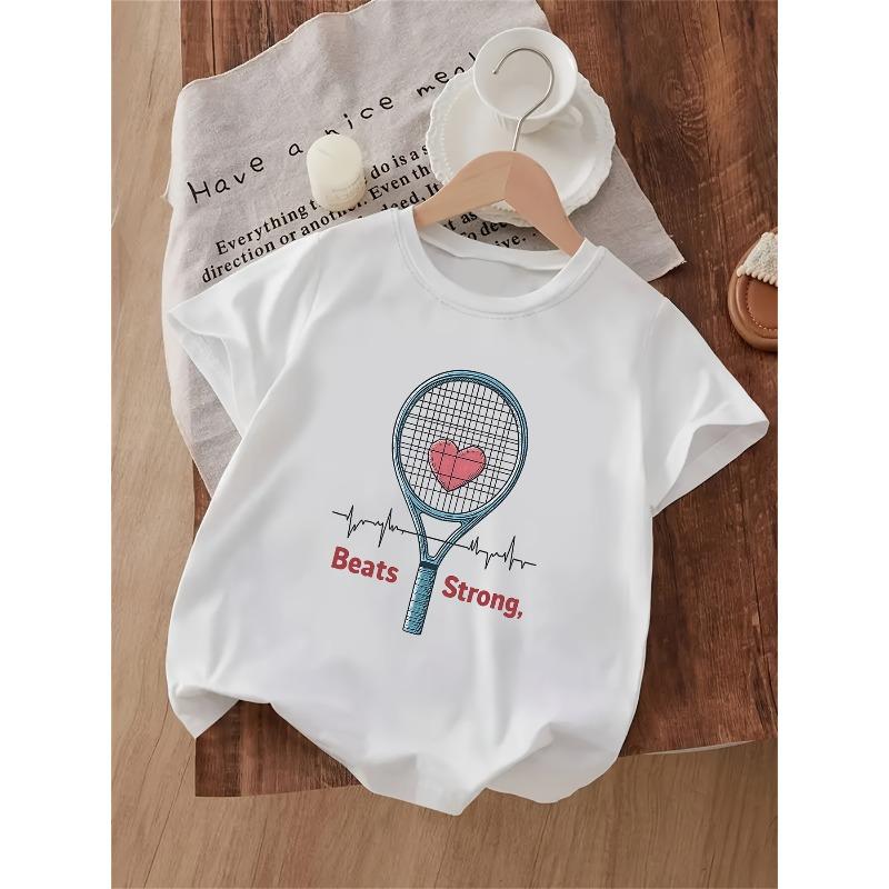 Girls Tennis Racket Heart Print Crewneck Short Sleeve Tee, Comfort Casual Outdoor Spring Summer Top 110 белый