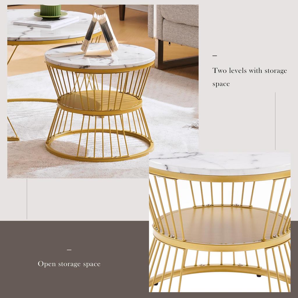 Flieks Coffee Table Set of 2, High-Gloss Living Room Table with Storage, for Living Room and Balcony - Metal Frame, Gold and White