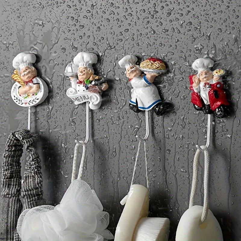 4pcs Resin Chef-shaped Adhesive Hooks, Cute Kitchen Decor for Home, Garage Storage.