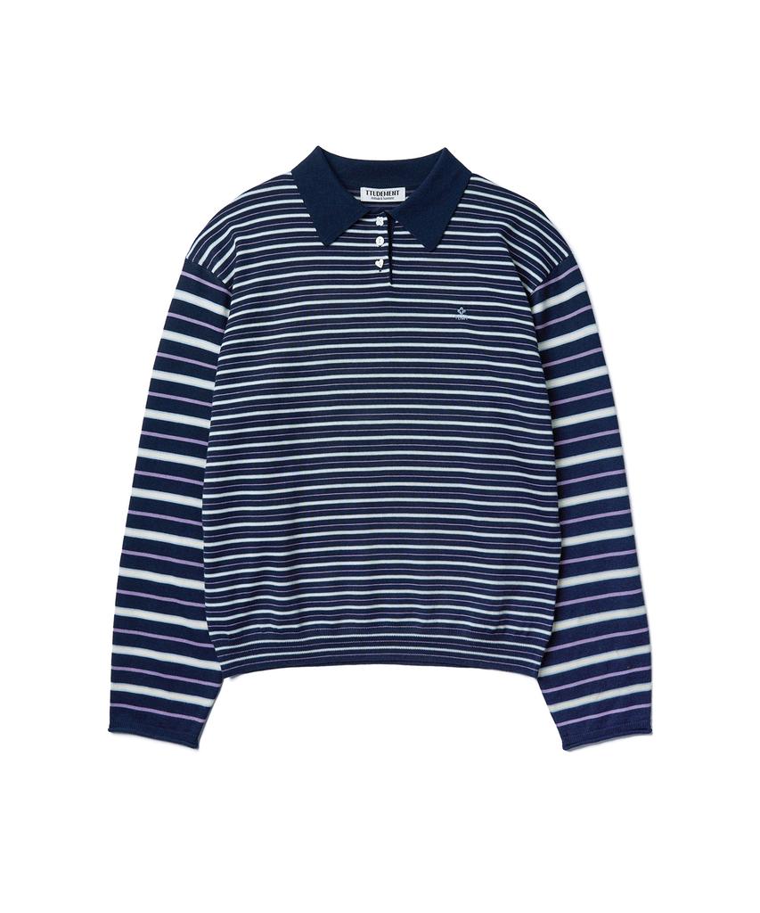 Tudument Stripe Long Sleeve Polo Knit_Navy