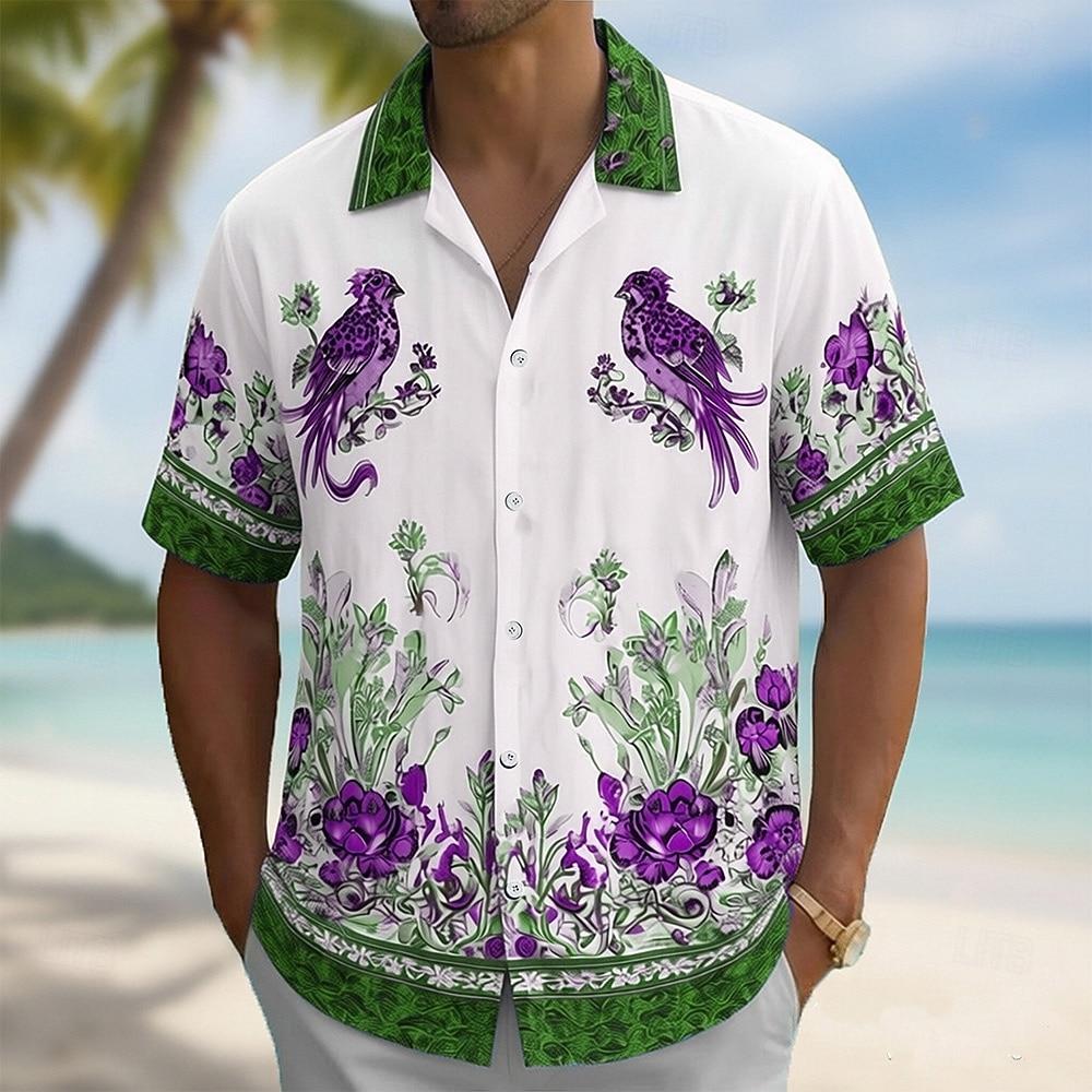 Men s Bird Floral Print Tropical Flowers Shirt Short Sleeve Shirt 3D Print Blue Green Hawaiian Vacation Beach Wear for Summer S