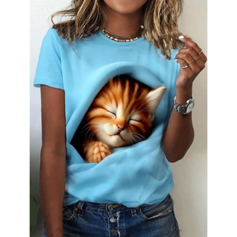 3D Cat Print T-shirt Women's Round Neck Short Sleeve Spring and Autumn Casual and Versatile